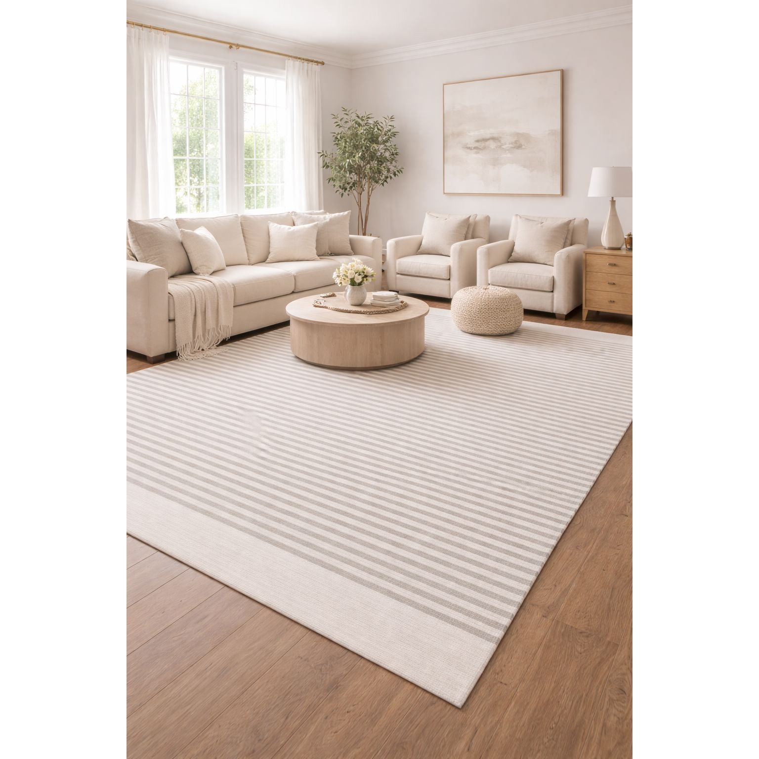 Sailor Stripe Taupe Wool Handknotted handknotted tibetan 60 knot Organic Weave Shop